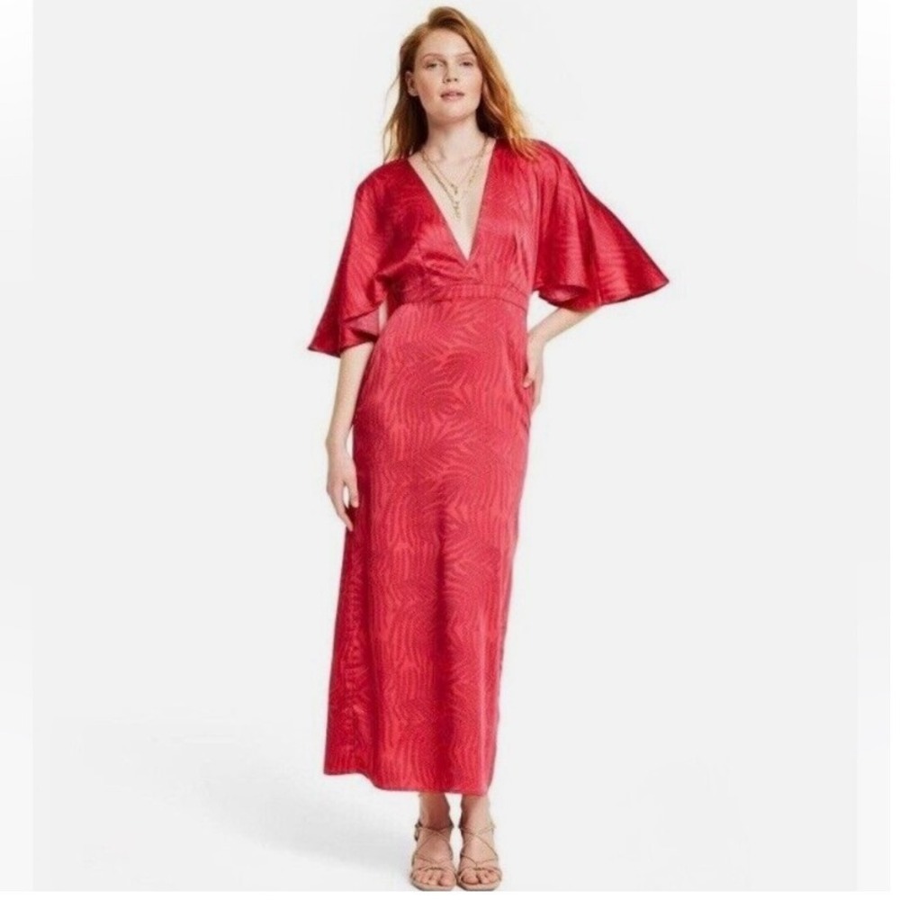 Fe Noel x Target Palm Leaf Contrast‎ Print Flutter Sleeve Maxi Dress Red 6 NWT